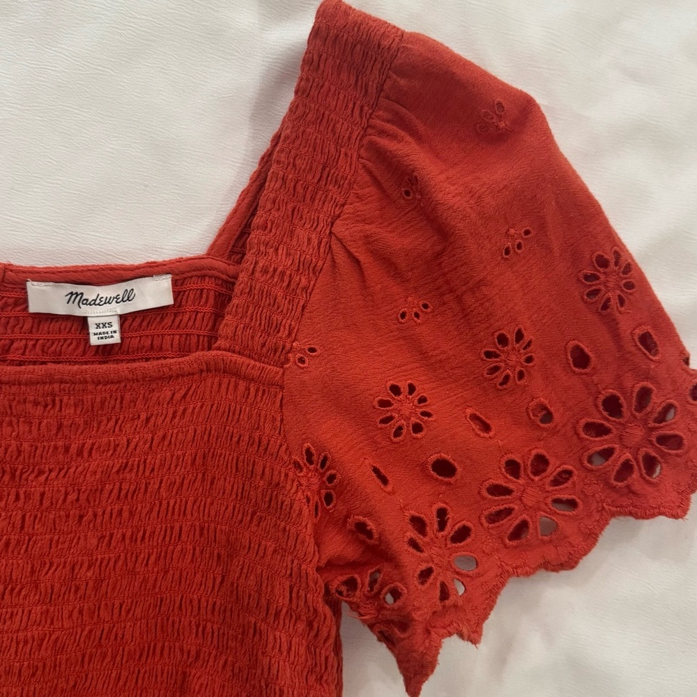Madewell Eyelet Sleeve Lucie Smocked Peplum Top, Orange, Size XXS, Style #NE241 - Picture 4 of 10